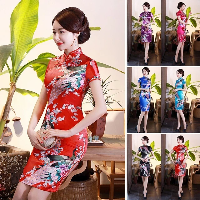 Robe Cheongsam moderne femme avec longueur de genou au-dessus et collier support