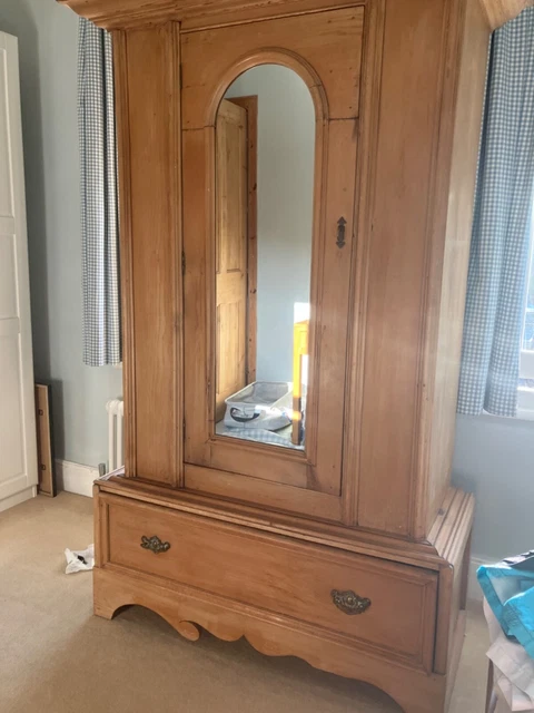 Antique Single Pine Wardrobe with drawer and mirror 2