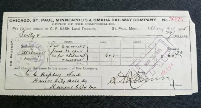 1905 Chicago St Paul Minneapolis Omaha Railway Co ~ Check ~ Train ~