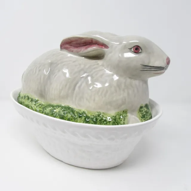 VTG Olfaire Rabbit Covered Casserole Dish Tureen Ceramic Gray Bunny Portugal