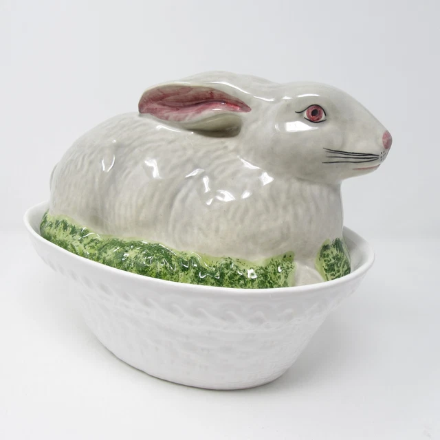 VTG Olfaire Rabbit Covered Casserole Dish Tureen Ceramic Gray Bunny Portugal