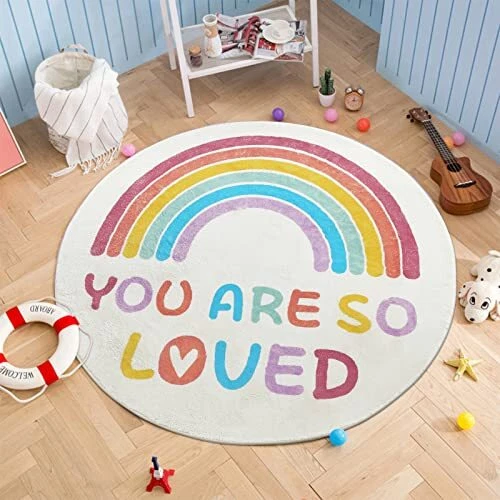 Rainbow Round Rug for Girls Bedroom,Colorful Boho Decor Nursery Area