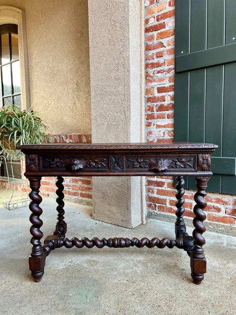 Antique French Oak Sofa Table Writing Desk Carved Black Forest Barley Twist