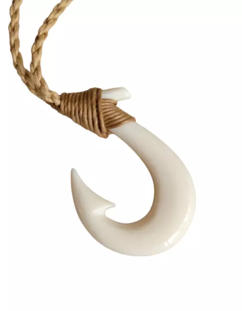 Hawaiian Buffalo Bone 1.5" Petit Fish Hook Pendant Adjustable Necklace Choker