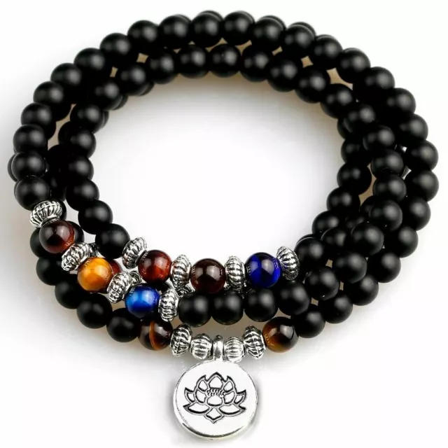 108 Mala Yoga Bracelet Pierre Naturelle Perles, Onyx avec Bleu Tigre Eye Unisexe