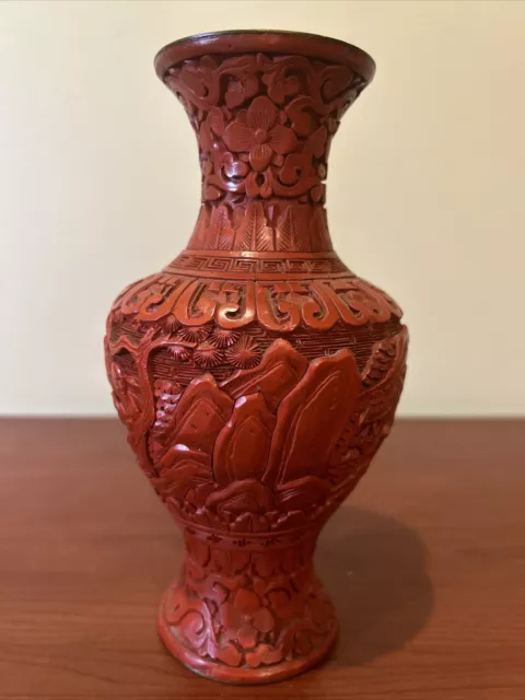 Late 19th Century Chinese Deeply Carved Cinnabar Lacquer Vase (Revised)