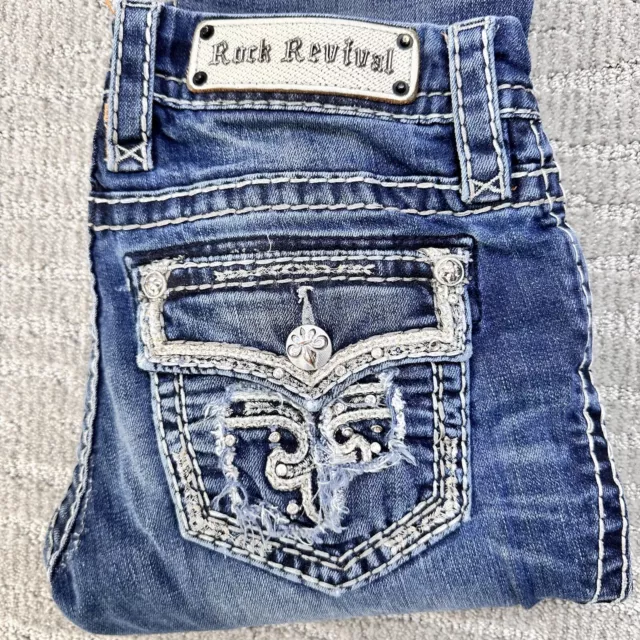 Rock Revival Blue Jeans Ava Womens 28x32 Slim Boot Cut Denim Embellished