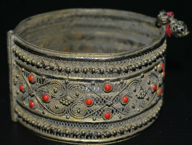 Bracelet Ancien En Argent Massif Et Vermeil Filigrané - Serti De Pierres Jaunes - Occasion
