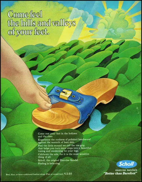 1974 Dr. Scholl's exercise sandals foot pop art barefoot retro print ad adl81