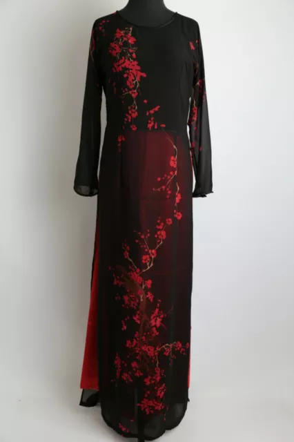 Ao Dai Vietnam - High Collar Black Floral Design Ao Dai w/ Pants - Size S-L