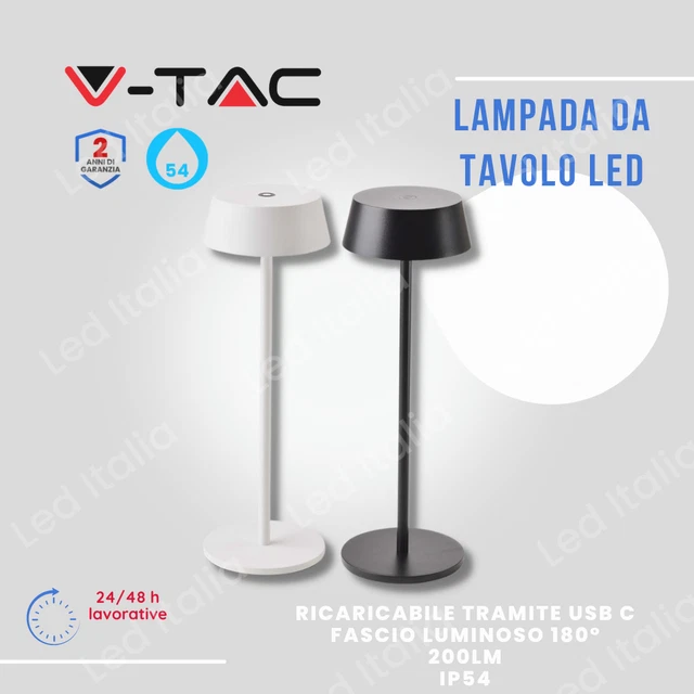 V-TAC Lampada LED Poldina da Tavolo 2W ricaricabile con USB C Touch Dimmerabile