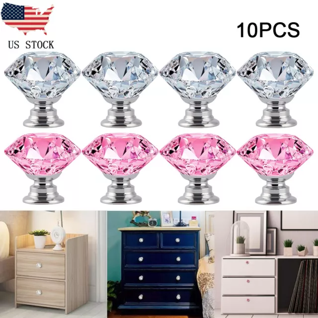 10 Pack Crystal Glass Clear Door Knobs Diamond Drawer Cupboard Pull Handle Home