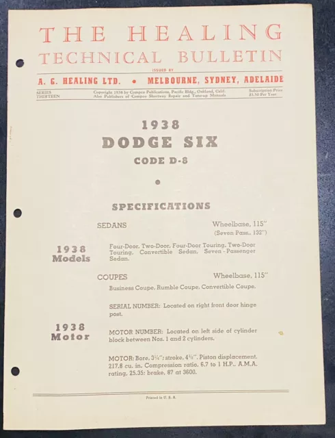 The Healing Technical Bulletin 1938 Dodge Six Code D-8 Sedans Coupes Series 13