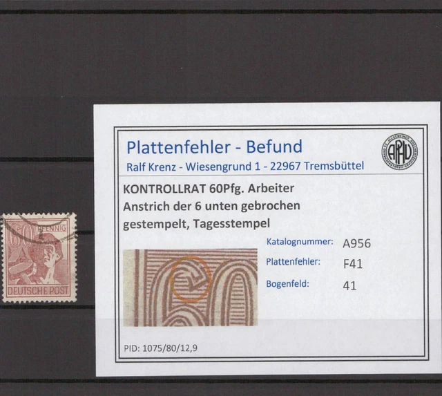 KONTROLLRAT 1947 PLATTENFEHLER Nr A956 F41 gestempelt (215825)