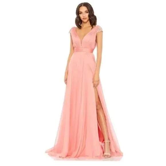 MAC DUGGAL 67811 A Line Gown Dress Coral Chiffon Beaded Cap Sleeve Size 10 67811