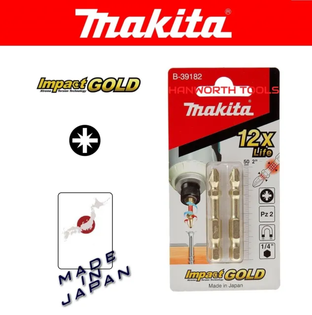 Makita PZ2 Pozi Screwdriver Bit Set x2 Impact Gold Xtreme 50mm Driver Insert 2"