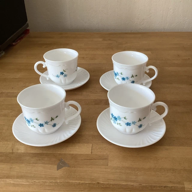 Lot De 7 Tasses à Café Vintage Arcopal France - Motif Fleurs Bleu - 3 Grandes (9cm) & 4 Petites (7.5cm) - Occasion