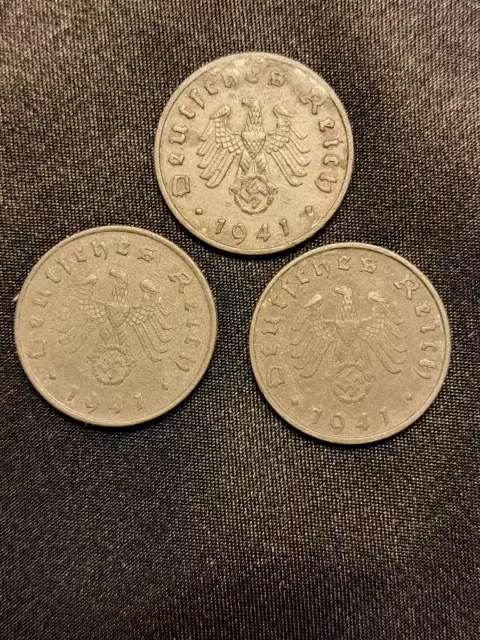 Third Reich Germany Wwii- Lot Of 3 Coins -10 Reichspfennig -1941-A,B, & F - Zinc