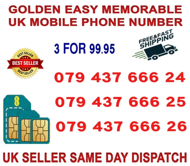 Golden Easy Memorable Uk Vip Mobile Phone Number 3 For 99.95 ( Ee Network) B 66