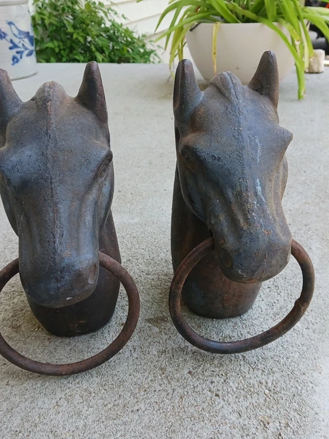 Rare Matching Pair Of Antique Cast Iron Horse Head Hitching Post Tops