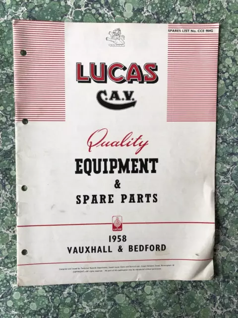 Lucas CAV Vauxhall Bedford Equipment & Spare Parts Catalogue 1958 CCE 904G