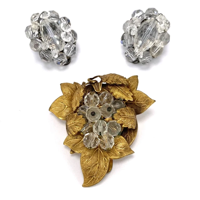 Vtg Gold Tone Grape Bunch Dress Fur Clip Clear Dangles + Button Clip Earrings