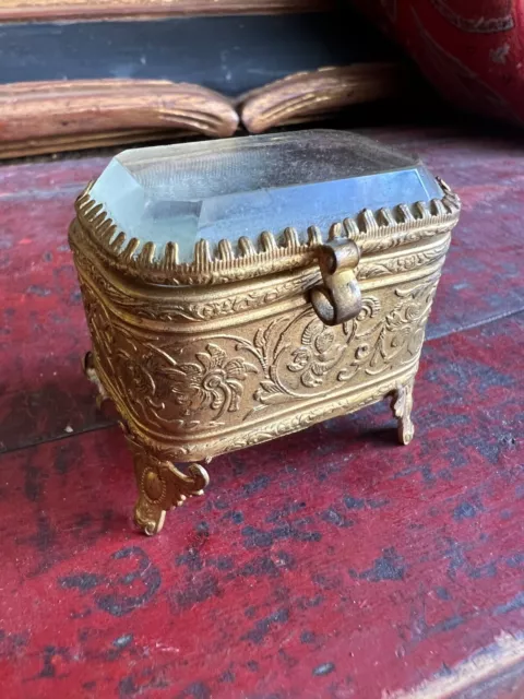 Boite a Bijoux Miniature Laiton Doré & Verre Biseauté XIX Eme antique box 19 th