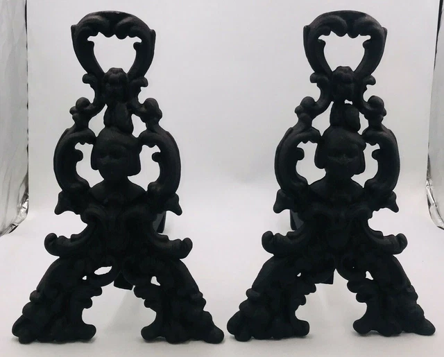 Pair Antique Victorian Cast Iron Rust Finish Fireplace Andiron Chenet 15.5"x10"