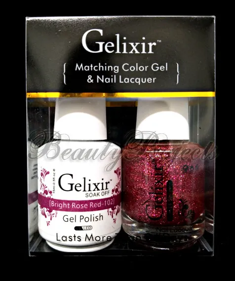 Gelixir Soak Off Gel Polish Bright Rose Red 102 LED/UV .5oz Matching Gel Duo