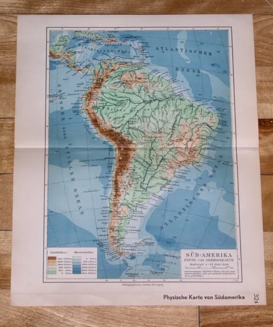 1936 Original Vintage Physical Map Of South America / Andes Amazon