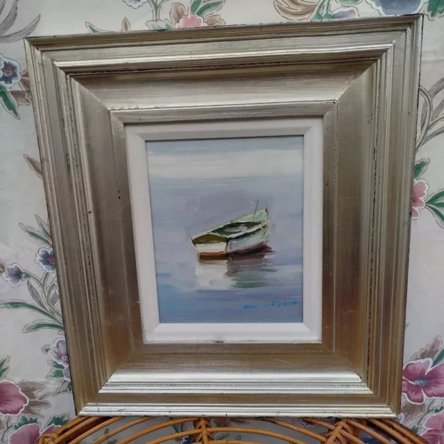 Ornate 16 X 18 Silver Wooden Framed Row Boat Coastal Oil Painting On Canvas