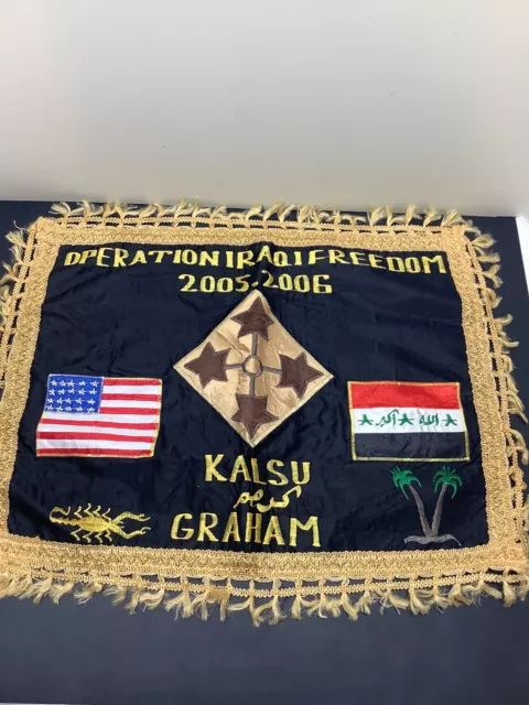 Embroidered Operation Iraqi Freedom Flag 2005-06 Gold Fringe 19.5” x 15.25” EUC