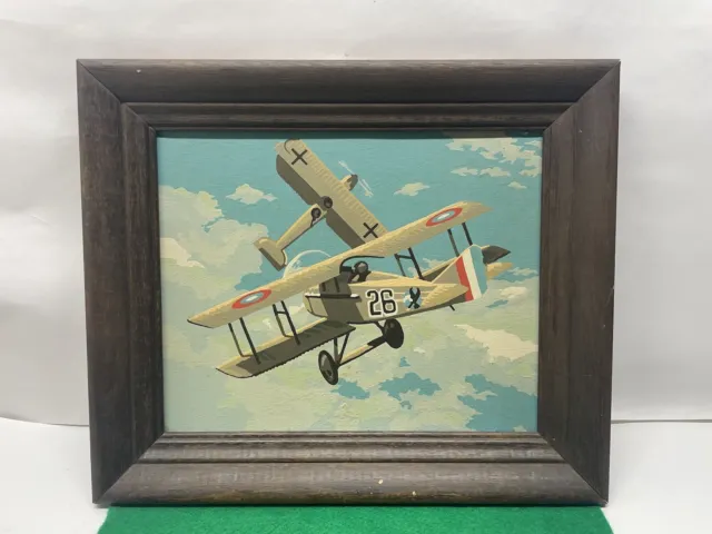 Vintage WWI paint by numbers Aerial complited in a solid wooden frame