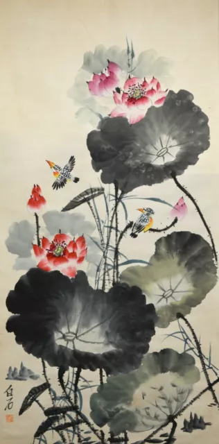 Vintage Chinese Watercolor LOTUS FLOWER Wall Hanging Scroll Painting - Qi Baishi