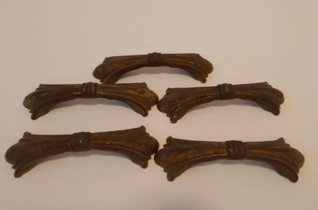 VTG Set of 5 Rustic Gold Tone MCM Fluted Cabinet Door Furniture Drawer Pulls