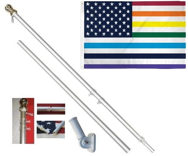 Old Glory Rainbow USA 3 x 5 FT Flag + 6 Ft Silver Tangle Free Pole + Bracket