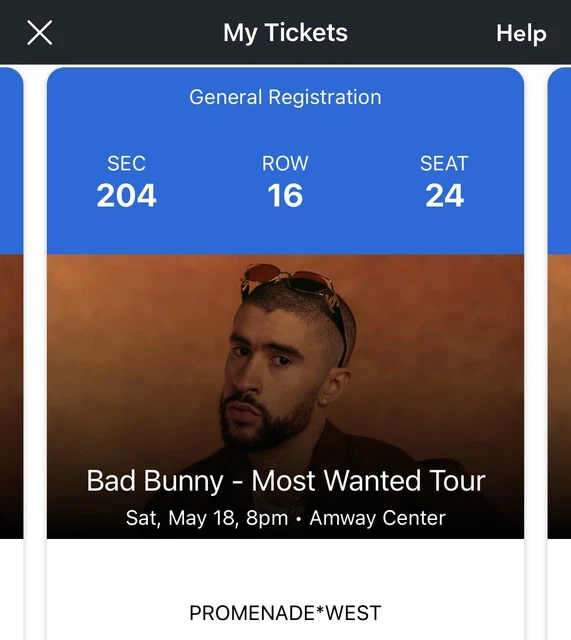 BAD BUNNY ORLANDO May 18, 2024 Most Wanted Tour Two Tickets Section 204