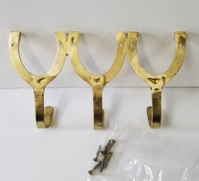 Vintage Solid Brass Horses Horseshoe Wall Hanger 3 Hooks with mounting screws 3