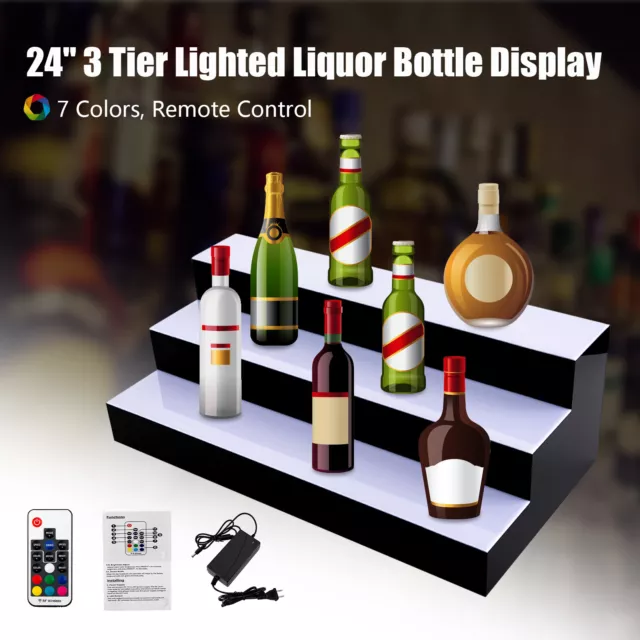 24" 3 Step Tier LED Lighted Shelves Illuminated Liquor Bottle Display FREE SHIP
