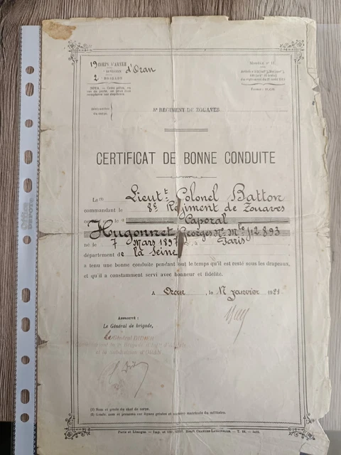 CERTIFICAT DE BONNE Conduite 34 E Regiment D Infanterie Soldat 1913 EUR
