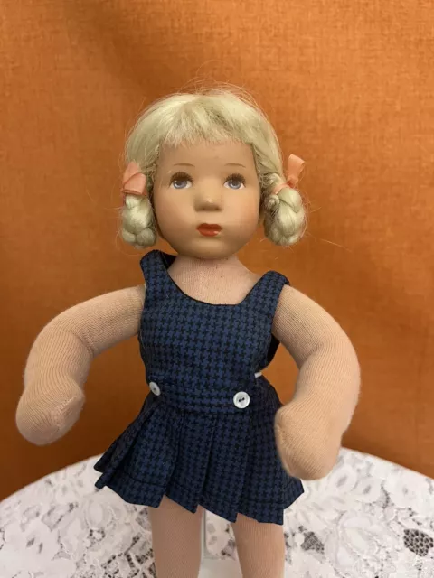 Adorable 10" German Kathe Kruse Girl Doll in Blue Sun Dress Blonde Braides