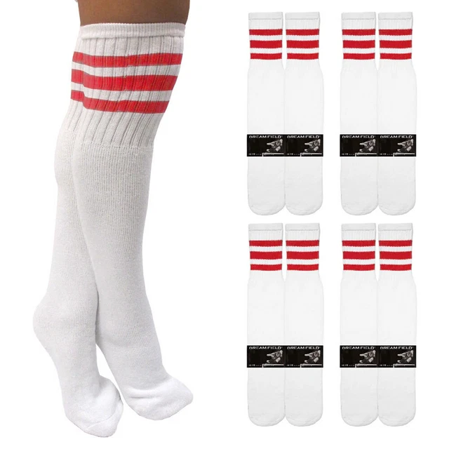 4 Paires Hauteur Genou Blanc Tube Chaussettes Long Sport Coton Rouge Rayures
