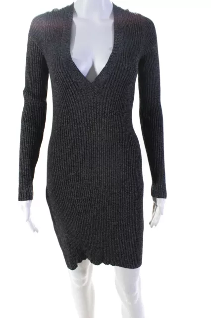 Intermix Womens Ribbed Knit V-Neck Long Sleeve Sweater Dress Gray Size S