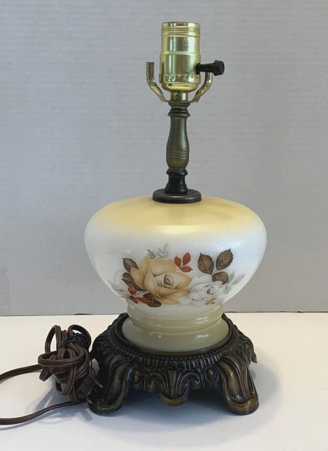 Milk Glass Lamp Gold Brown Floral Body Metal Accurate Casting Company Vintage