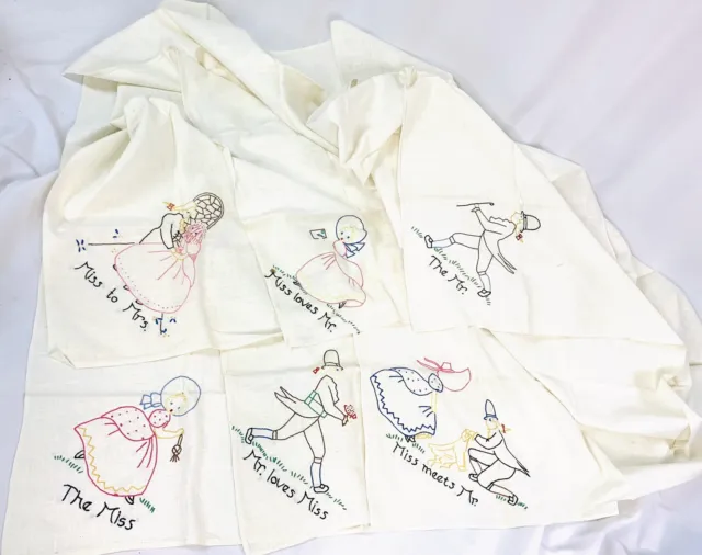 Lot of 6 Vintage Hand Embroidered Flour Sack Kitchen Dish Tea Towels Miss to Mrs