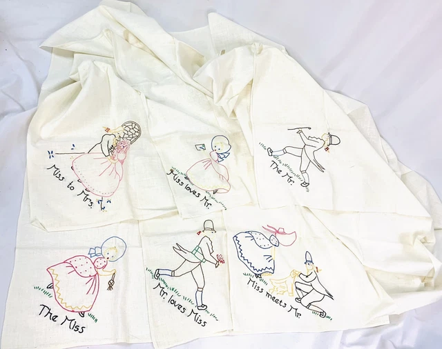 Lot of 6 Vintage Hand Embroidered Flour Sack Kitchen Dish Tea Towels Miss to Mrs