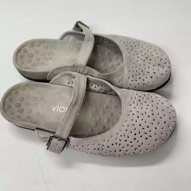 Vionic Grey Suede Leather Laser Cut Slip On Mule Sandals Womens 9