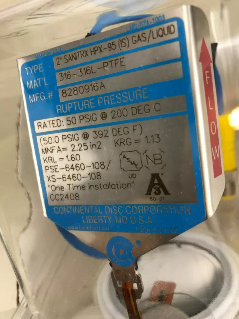 CDC Continental Rupture Disk Certiflow 2" Sanitrx HPX 95(IS) w. BDI-FLX 8280916a