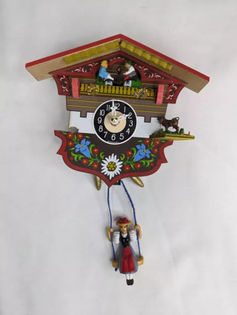 Engstler Miniature 5" Cuckoo Clock ~ Chalet w Kids on See-Saw Battery Germany