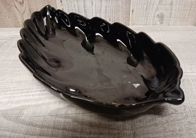 Vintage Frankoma Pottery 226 Black Onyx Leaf Foliage Candy Trinket Dish Bowl